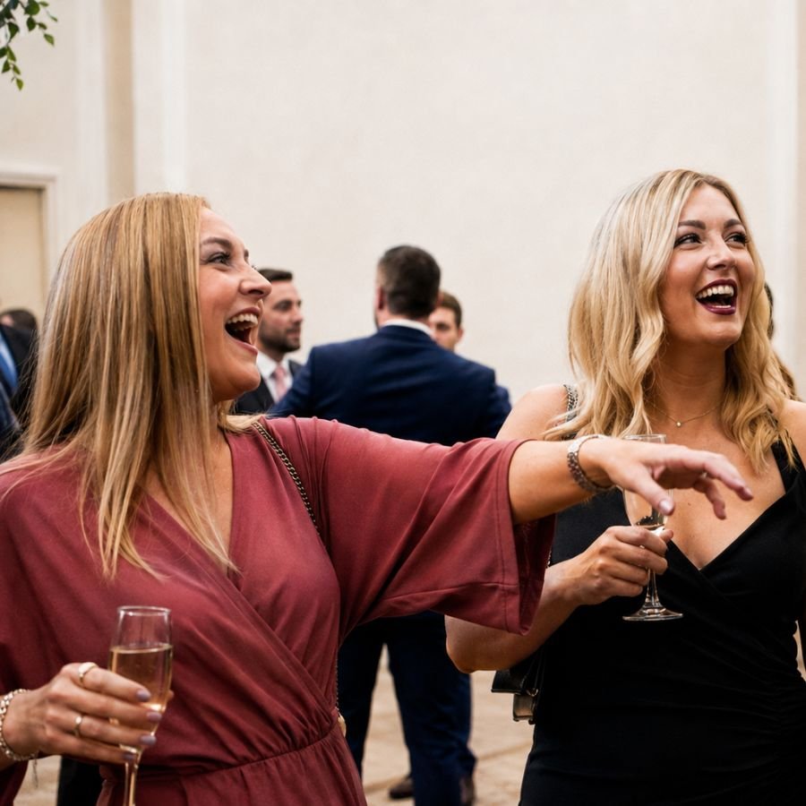 Guests laughing at a close-up magician at a Mayfair event